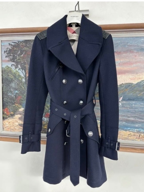Burberry Brit Jackets & Blazers - Authentic Burberry Brit Navy Blue Wool & Leather Trench Coat Sz US4 / XS